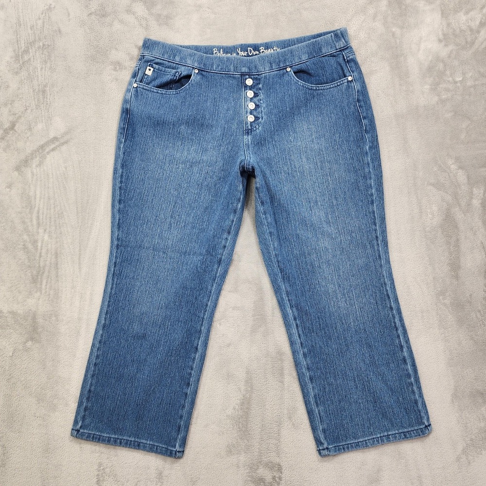 Belle By Kim Gravel Jeans Women 14P PETITE Blue Flexibelle Crop High Rise Button